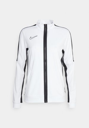 Weißer Zip-Up-Jacke mit schwarzen Seit Streifen und Nike-Logo auf der Brust. Hergestellt aus glattem Stoff, mit Stehkragen und gerippten Bündchen.