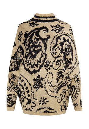Beiger Strickpullover mit großem schwarzem Paisleymuster. Verfügt über einen hohen Kragen und weite Ärmel für eine lässige Passform.