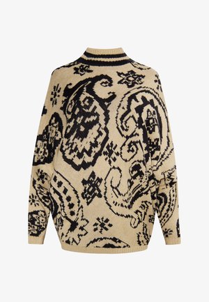 Knit pullover sweater in beige with large black paisley pattern. Features a high neckline and wide sleeves for a relaxed fit.