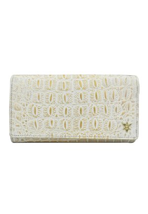 Textured white wallet with a subtle yellow pattern, featuring a gold floral accent on the front. Compact rectangular design, leather material.