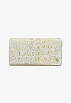 Textured white wallet with a subtle yellow pattern, featuring a gold floral accent on the front. Compact rectangular design, leather material.