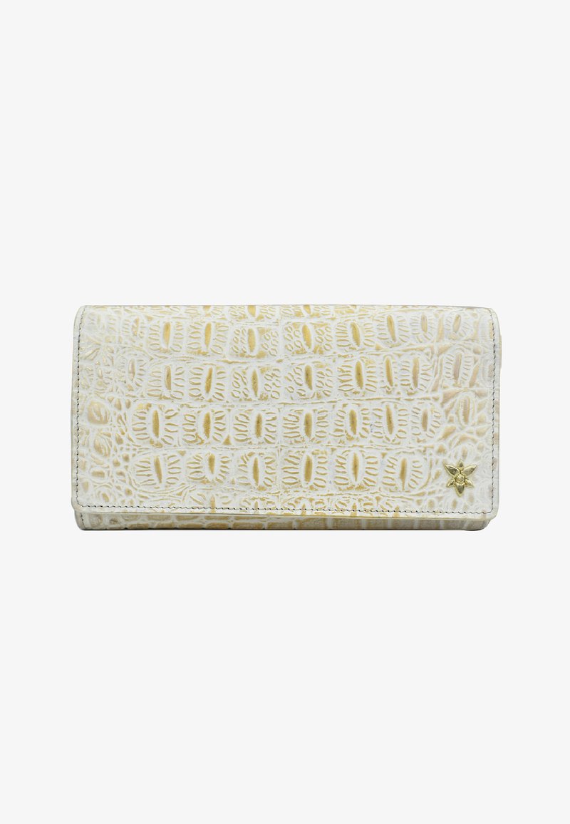 Textured white wallet with a subtle yellow pattern, featuring a gold floral accent on the front. Compact rectangular design, leather material.