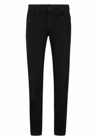 Pantalones vaqueros negros de corte slim-fit con una textura suave, diseño de cinco bolsillos y cierre de botón frontal. Corte recto y sin embellishments visibles.
