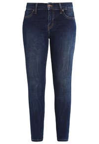 Jeans ajustados de denim en azul oscuro, con un diseño clásico de cinco bolsillos, cierre de cremallera y botón de metal con acentos en cobre.