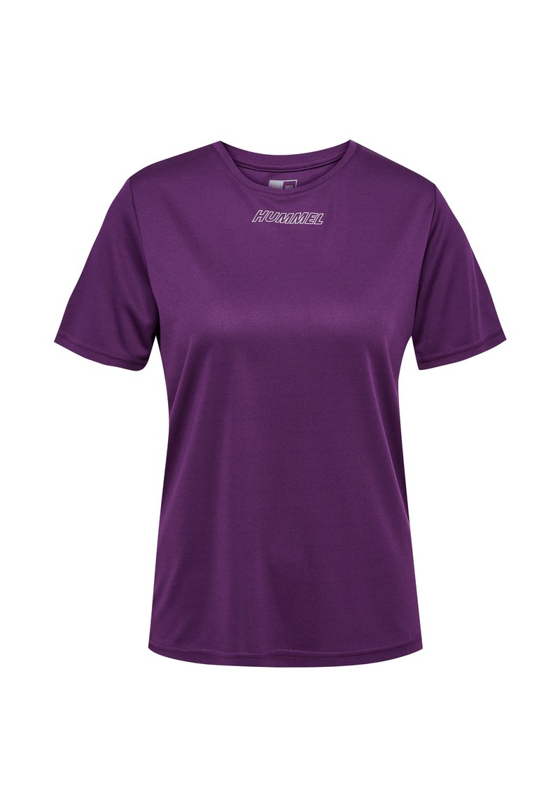 Lilla kortærmet t-shirt lavet af glat, let stof med det diskrete "HUMMEL" logo broderet på fronten.