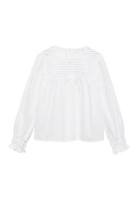Blusa bianca con maniche lunghe, strisce verticali testurizzate sul giromanica, vita arricciata e polsini elasticizzati. Chiusura a chiave sulla schiena.