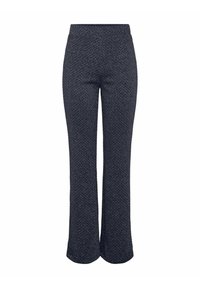 Pantaloni blu navy, testurizzati, con vita alta e design a gamba svasata. Il tessuto presenta un motivo intrecciato, offrendo un aspetto e una sensazione strutturati.