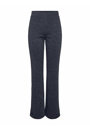 Mørkeblå, strukturerede bukser med høj talje og flairdesign. Stof med et vævet mønster, der giver et struktureret look og følelse.