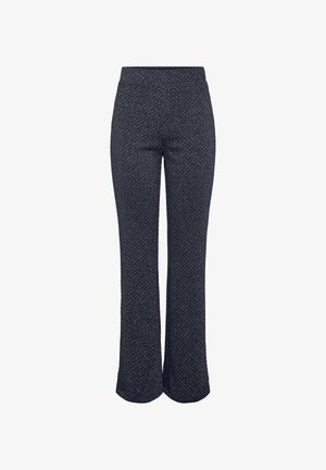 Pantaloni blu navy, testurizzati, con vita alta e design a gamba svasata. Il tessuto presenta un motivo intrecciato, offrendo un aspetto e una sensazione strutturati.