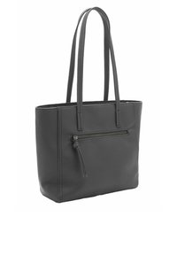 Sac fourre-tout en cuir gris avec doubles poignées, poche avant zippée, design structuré et texture lisse. Aucune marque visible.