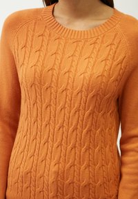 Maglione a treccia di colore arancione brillante. Presenta un colletto rotondo a coste e motivi testurizzati. Materiale morbido con maniche lunghe.