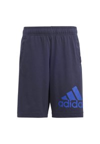Navy blue athletic shorts with an elastic waistband, side pockets, and a large blue Adidas logo on the left leg. Made of lightweight fabric.