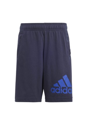 Marineblå sportsshorts med elastisk talje, sidelommer og et stort blåt Adidas-logo på venstre ben. Lavet af letvægtsstof.