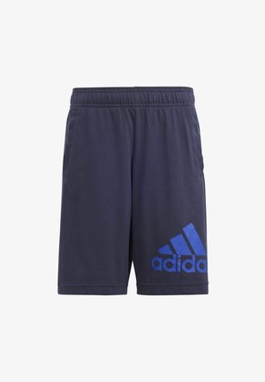 Marineblauwe sportshorts met een elastische tailleband, zijzakken en een groot blauw Adidas-logo op het linkerpijp. Gemaakt van lichtgewicht stof.