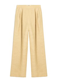 Pantaloni a gamba larga in lino beige chiaro, con pinces in vita, texture morbida e lunghezza alla caviglia.