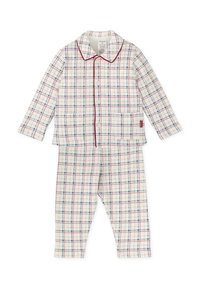 Conjunto de pijama de algodón con mangas largas, que presenta una base blanca, un patrón de cuadros en rojo y azul, con botones en la parte delantera y un bolsillo en el pecho.