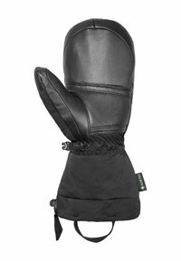 Schwarze Lederhandschuhe mit strukturiertem Finish, verstellbarem Handgelenkriemen und einem Stoffbund. Mit einem Gore-Tex-Label für Wasserbeständigkeit.