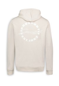 Sudadera beige hecha de algodón suave. Cuenta con un bolsillo frontal, capucha con cordón y un diseño gráfico en la parte posterior en blanco.