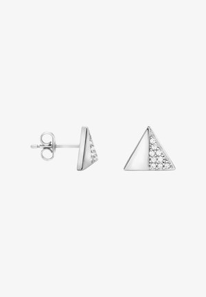 Boucles d'oreilles clous triangulaires en argent, une moitié en métal lisse et l'autre moitié ornée de petits cristaux clairs, avec fermoirs papillon.