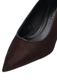 Spitz zulaufender High Heel Schuh in Dunkelbraun, aus glattem, fellähnlichem Material, mit einem eleganten schwarzen Innenraum und abgerundeten Kanten.