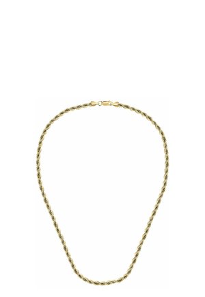 Goldfarbene Kettenhalskette mit Karabinerverschluss, vor weißem Hintergrund dargestellt.