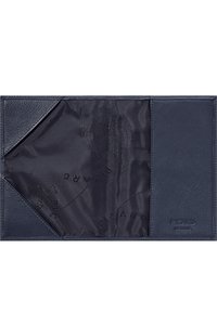 Marineblaues Lederportemonnaie mit strukturierter Oberfläche, ausgestattet mit einem glatten Innenfutter, das ein geprägtes Logo und Kartenfächer auf einer Seite enthält.