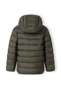 Olive green puffer jacket with a hood, quilted design, and horizontal stitching. Smooth material with a slightly shiny texture.