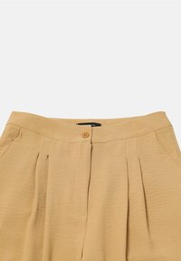 Beige plisované kalhoty s vysokým pasem, bočními kapsami, zapínáním na knoflík a švem na pase na světlém pozadí.