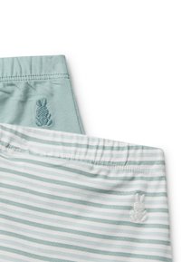 Světlé zelené šortky s bílými pruhy, zdobené vyšívaným králíkem. Měkká tkanina a elastický pas pro pohodlí.