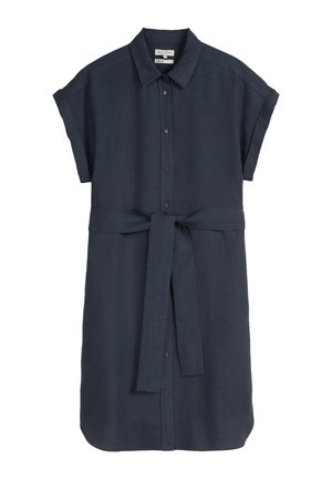 Dunkelblaues Leinenhemdkleid mit kurzen Ärmeln, Knopfverschluss vorne und einem gebundenen Taillengürtel. Verfügt über einen klassischen Kragen und einen abgerundeten Saum.