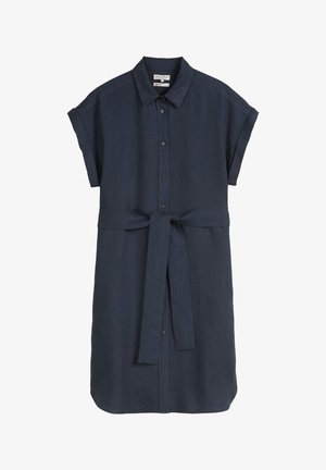 Donkerblauwe linnen jurk met korte mouwen, knoopsluiting aan de voorkant en een strikriem in de taille. Heeft een klassieke kraag en een afgeronde zoom.