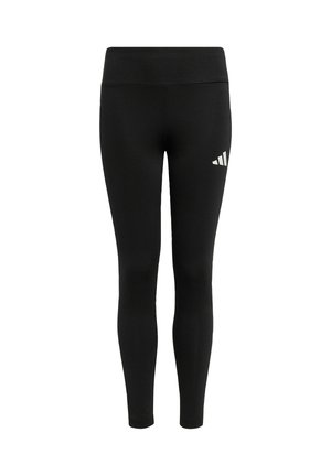 Leggings atléticos negros con cintura alta, hechos de un material elástico, con un pequeño diseño de logo blanco en el muslo izquierdo.