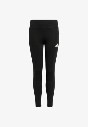 Leggings sportivi neri con vita alta, realizzati in materiale elastico, con un piccolo logo bianco sul coscia sinistra.