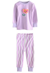 Kaheosaline pidžaamakomplekt, mis sisaldab lavendlivärvi pika varrukaga särk lilleaplikatsiooniga ning lavendlivärvi püksid valgete lainemustritega.