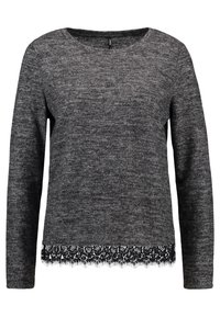 Šedý svetr s dlouhým rukávem s texturovaným povrchem, zdobený černou krajkou na lemu a kulatým výstřihem. Měkká tkanina.