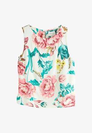 Virágmintás, ujjatlan felső, fehér háttérrel, nagy rózsaszín és türkiz peóniákkal, kerek nyakkivágással és laza szabással.