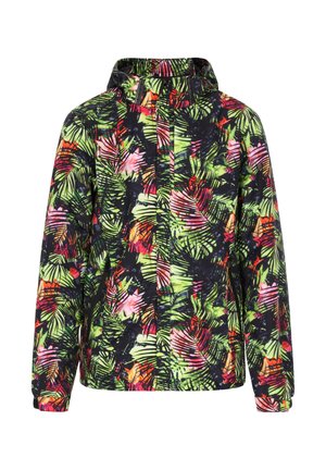 Patterned rain jacket featuring vibrant green, pink, and black tropical foliage design, with a full zip, hood, and elastic cuffs.