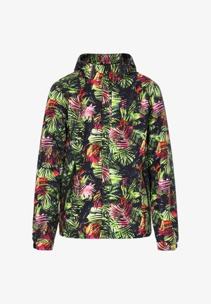 Patterned rain jacket featuring vibrant green, pink, and black tropical foliage design, with a full zip, hood, and elastic cuffs.