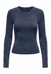 Top a maniche lunghe a coste di colore blu scuro, con una texture morbida e borchie decorative lungo le maniche. Scollo rotondo e design aderente.