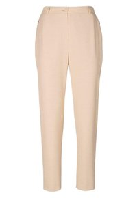Pantalons beiges sur mesure à coupe droite, dotés d'une fermeture à bouton, de deux poches latérales et d'une texture lisse.