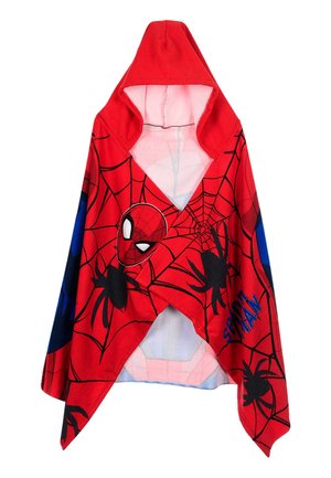 Rotes Kapuzenhandtuch mit Spider-Man-Maske, schwarzer Spinne und Netzmustern sowie blauem Text mit der Aufschrift "Spider-Man" an der Seite.
