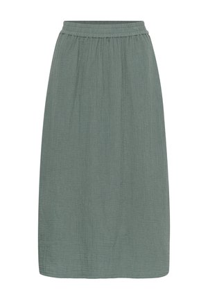 Fustă dreaptă până la genunchi, de culoare verde discretă, cu talie elastică și țesătură subtil texturată.