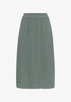 Térd hosszúságú, egyenes szabású szoknya tompa zöld színben, rugalmas derékpánttal és finoman texturált anyagból.
