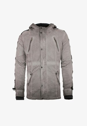 Grau Jacke mit Kapuze, mit Reißverschluss versehenen Brusttaschen, Knopfverschluss, seitlichen Taschen und schwarzen Akzenten an den Ärmeln. Strukturiertes Material.