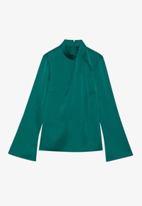 Sininen silkki-bluusi, jossa pitkät levenevät hihat, korkea kaulus ja hillitty laskostus yksityiskohta. Varustettu takana vetoketjulla ja sileällä pinnalla.