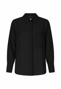 Chemise noire à manches longues, col ouvert, poche poitrine unique et boutons dissimulés sur le devant.
