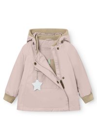 Hele heleroosa kapuutsi ja kapuutsiga väikelapse jakk, beežid soonikkoes mansetid ja krae, ees tõmblukk ja nupud ning riputatav valge tähe silt.