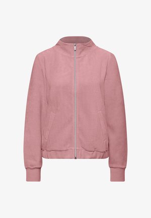 Light pink ribbed zip-up jacket with stand collar, long sleeves, front pockets, and elastic hem and cuffs.