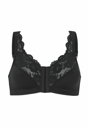 Zwarte bh met een bloemenkant overlay aan de voorkant, gladde stofcups, verstelbare bandjes en een haaksluiting in het midden.