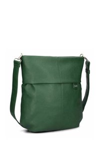 Borsa a spalla verde in pelle con una texture morbida, caratterizzata da un'apertura pieghevole, tracolla regolabile e un dettaglio logo sottile.